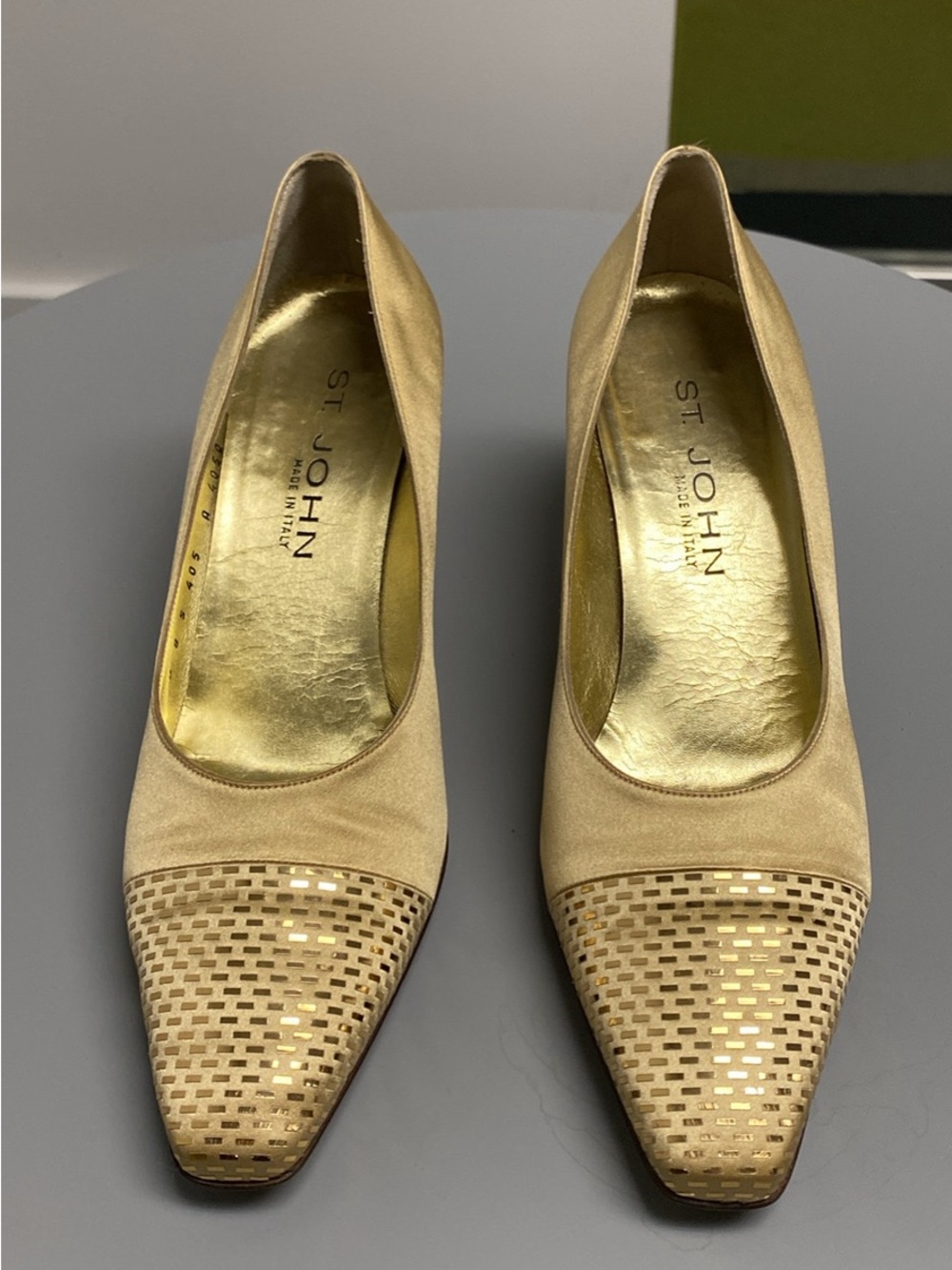 St. John Gold Satin Pointed Toe Flats with Perforated Toe